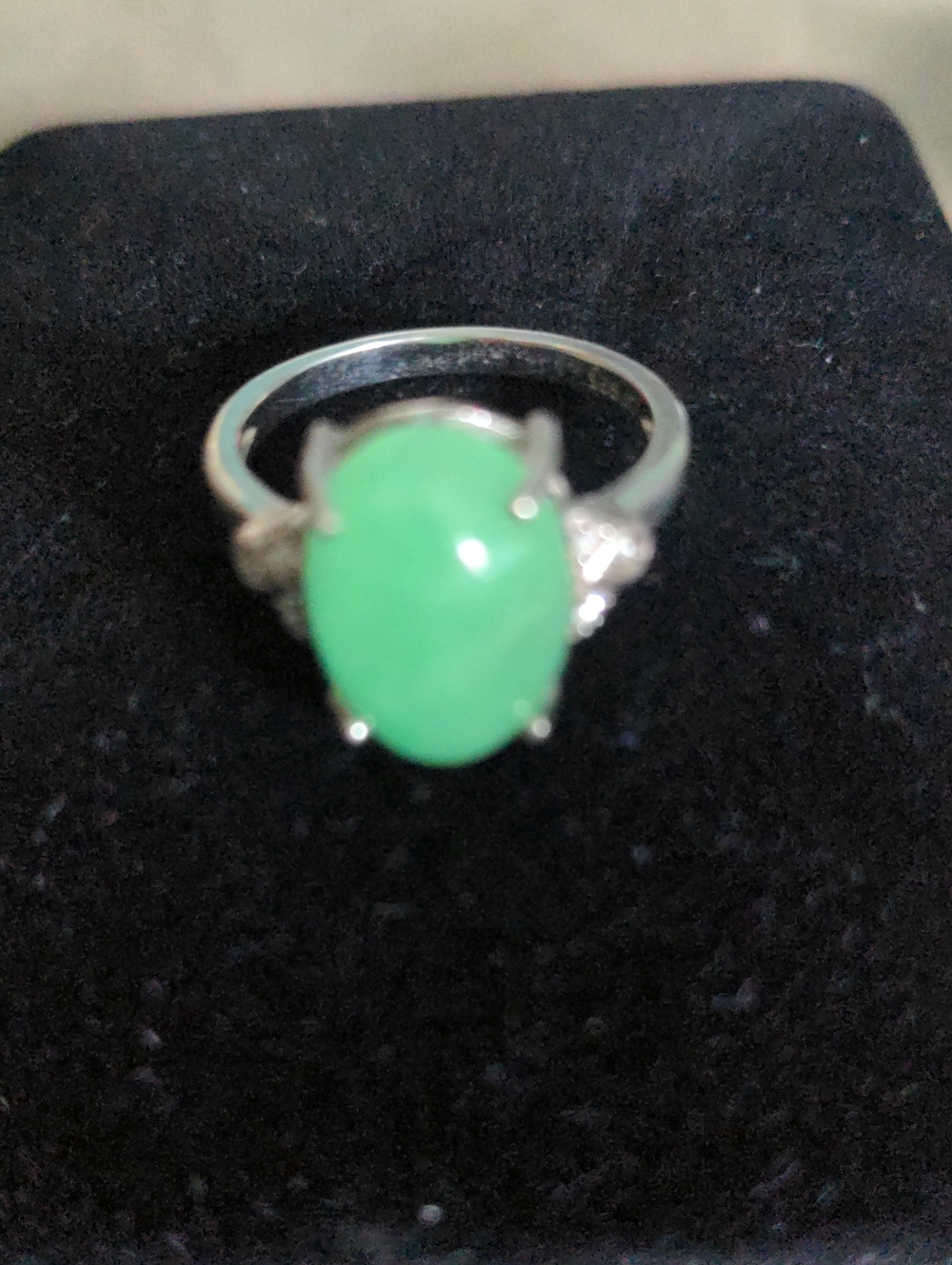 New Jade Sterling Silver Ring. Diamond Accents, Macy's, 10 mm Gem. Sz 7 1/2